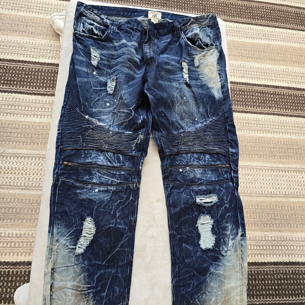 Smoke rise distressed denim blue mens 44/32